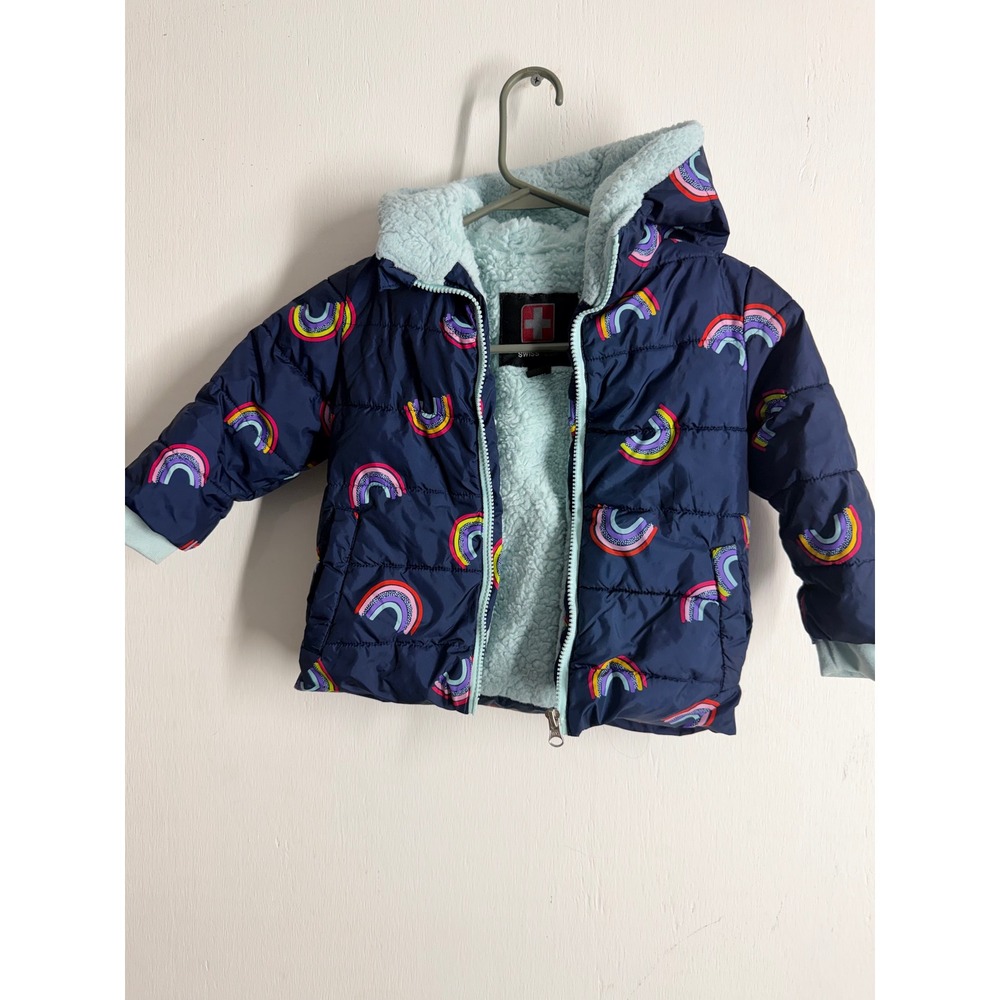 Swiss Tech Toddler Girls Rainbow Puffer Jacket Navy Blue Sherpa Lined Hooded 2T